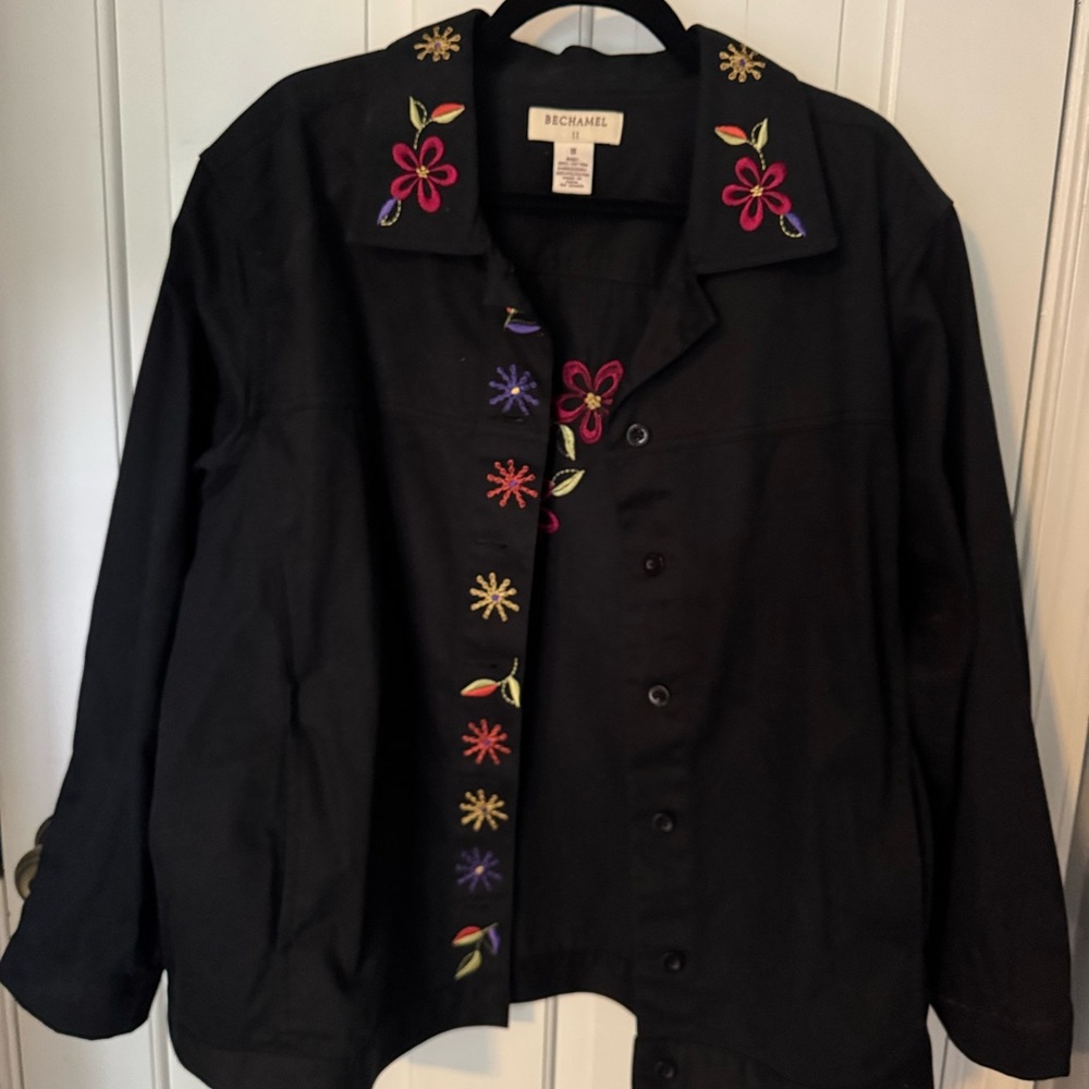 Bechamel Black Jacket with Vibrant Floral Embroidery Sz 1X Bohemian Travel Work